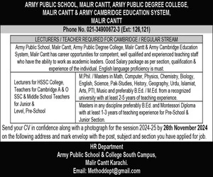 Advertisement Of Jobs In Army Public School Malir Cantt 2024